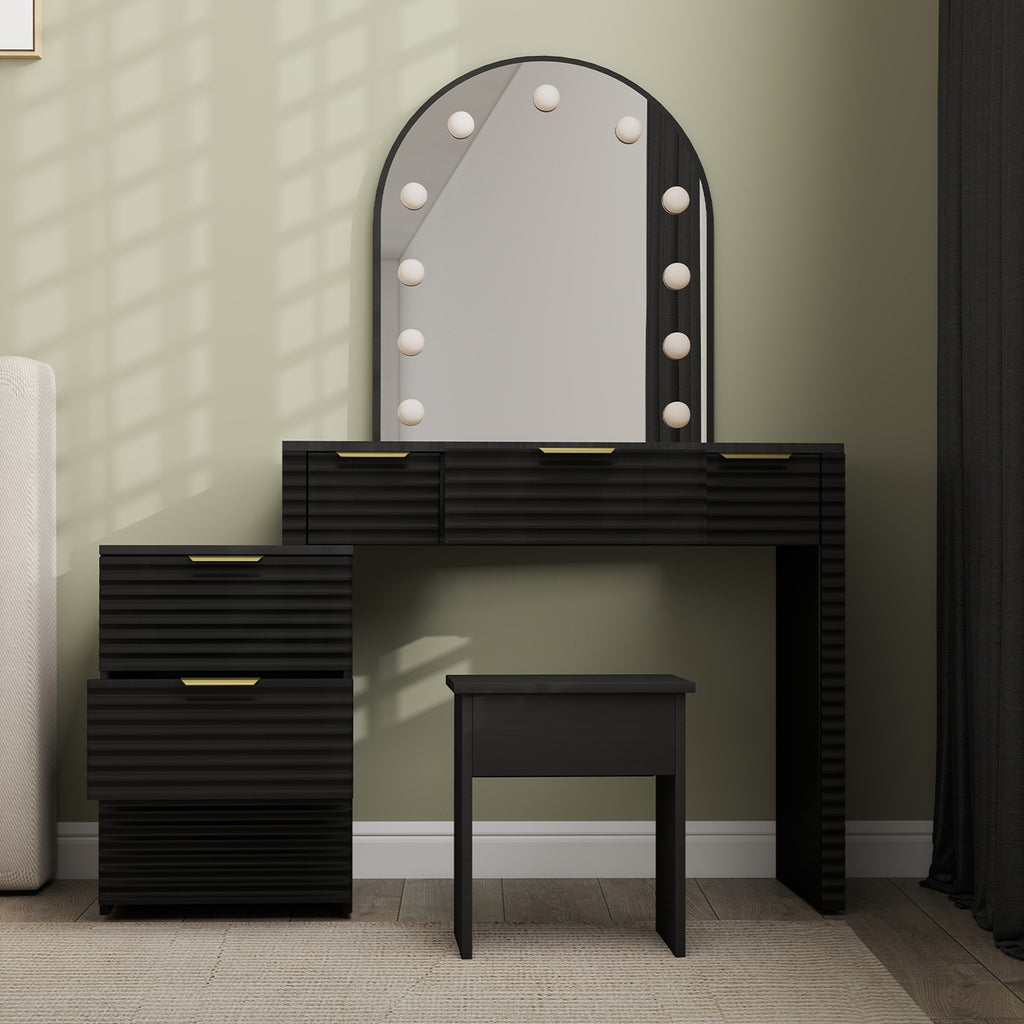 Makeup Vanity Desk with Mirror Lights Glass Tabletop Vanity Table Modern Makeup Desk with Drawers for Bedroom Black US Plug