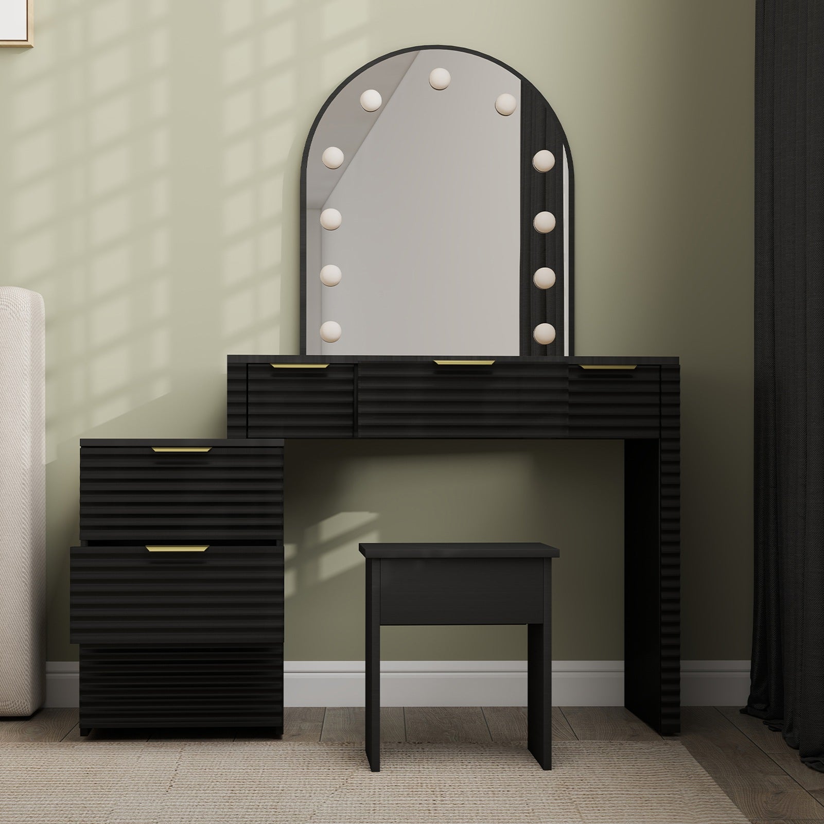 Makeup Vanity Desk with Mirror Lights Glass Tabletop Vanity Table Modern Makeup Desk with Drawers for Bedroom Black US Plug