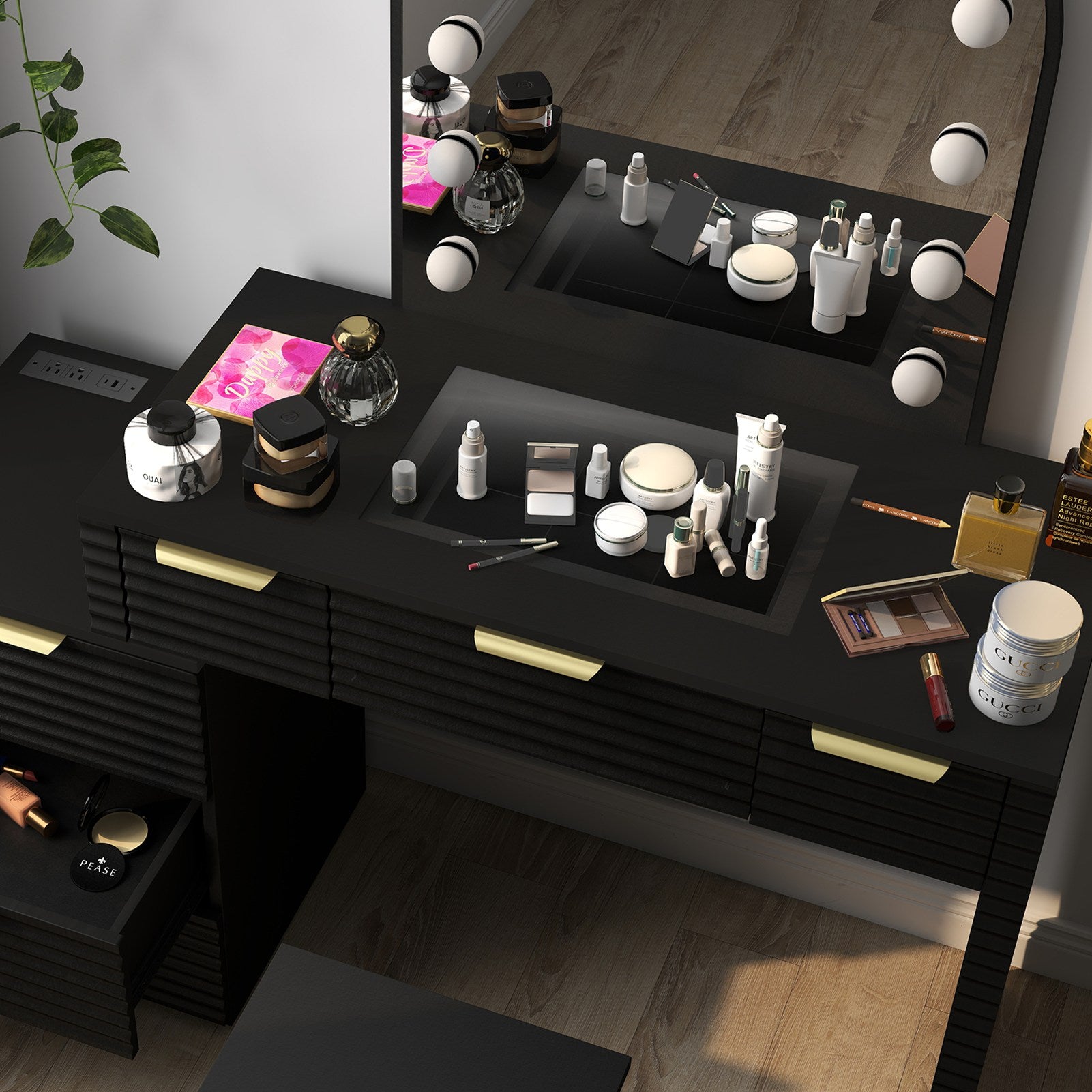 Makeup Vanity Desk with Mirror Lights Glass Tabletop Vanity Table Modern Makeup Desk with Drawers for Bedroom Black US Plug