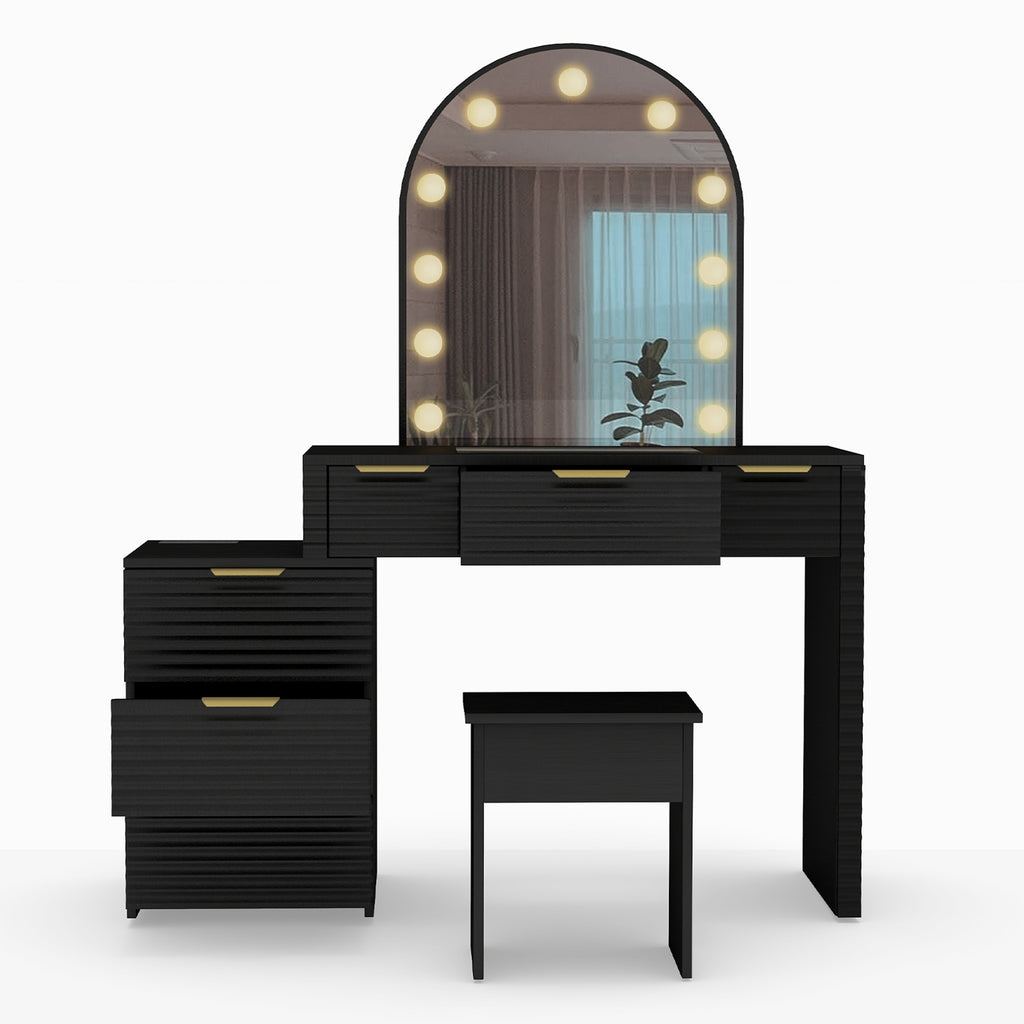 Makeup Vanity Desk with Mirror Lights Glass Tabletop Vanity Table Modern Makeup Desk with Drawers for Bedroom Black US Plug