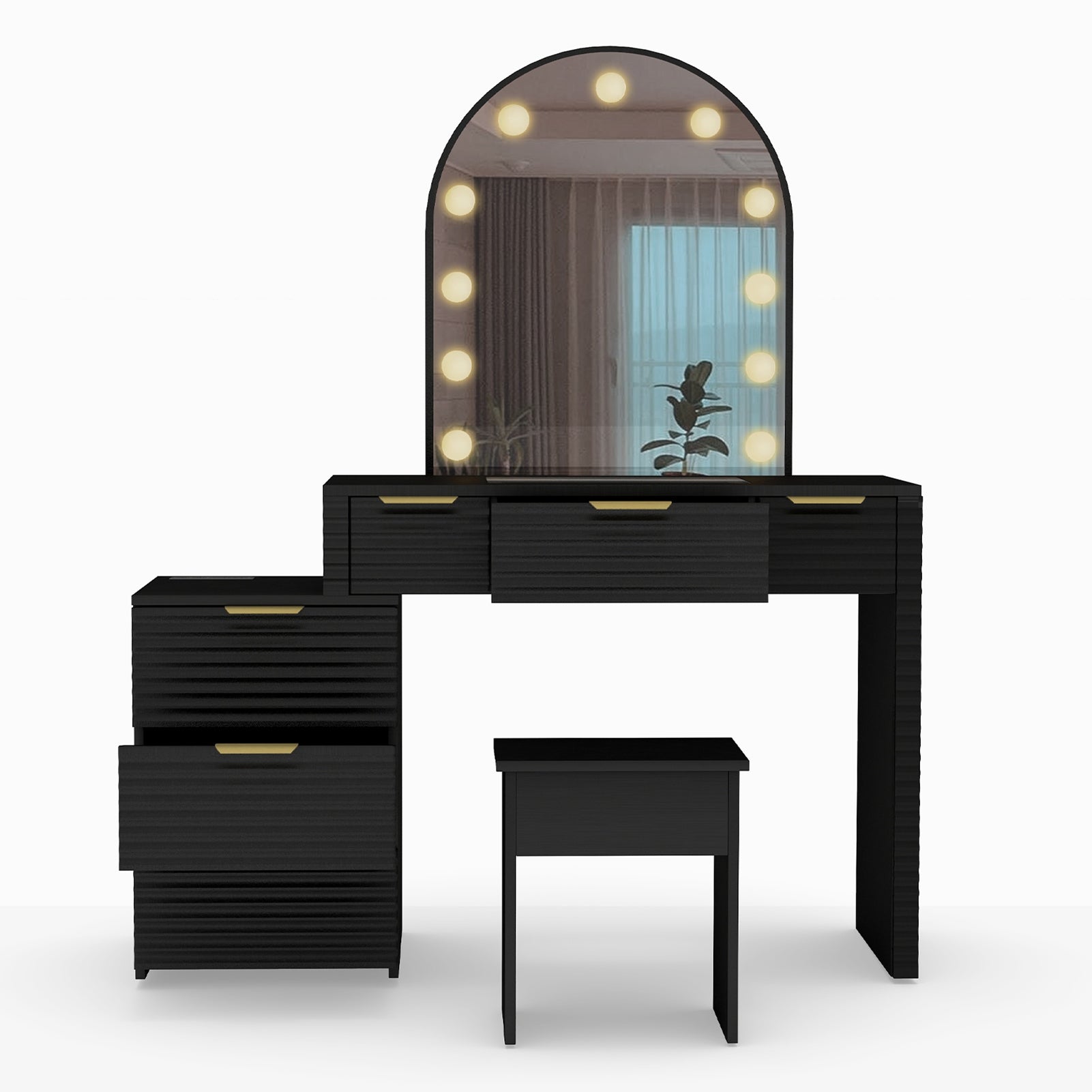Makeup Vanity Desk with Mirror Lights Glass Tabletop Vanity Table Modern Makeup Desk with Drawers for Bedroom Black US Plug