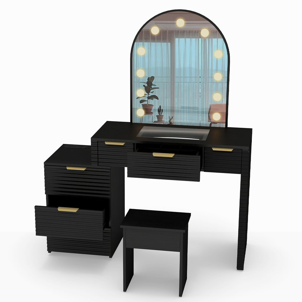 Makeup Vanity Desk with Mirror Lights Glass Tabletop Vanity Table Modern Makeup Desk with Drawers for Bedroom Black US Plug