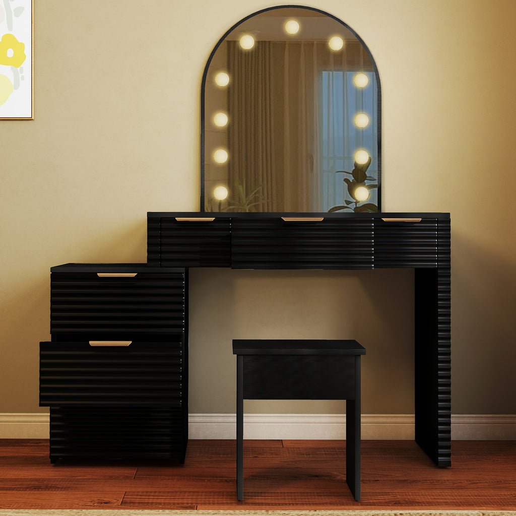 Makeup Vanity Desk with Mirror Lights Glass Tabletop Vanity Table Modern Makeup Desk with Drawers for Bedroom Black US Plug