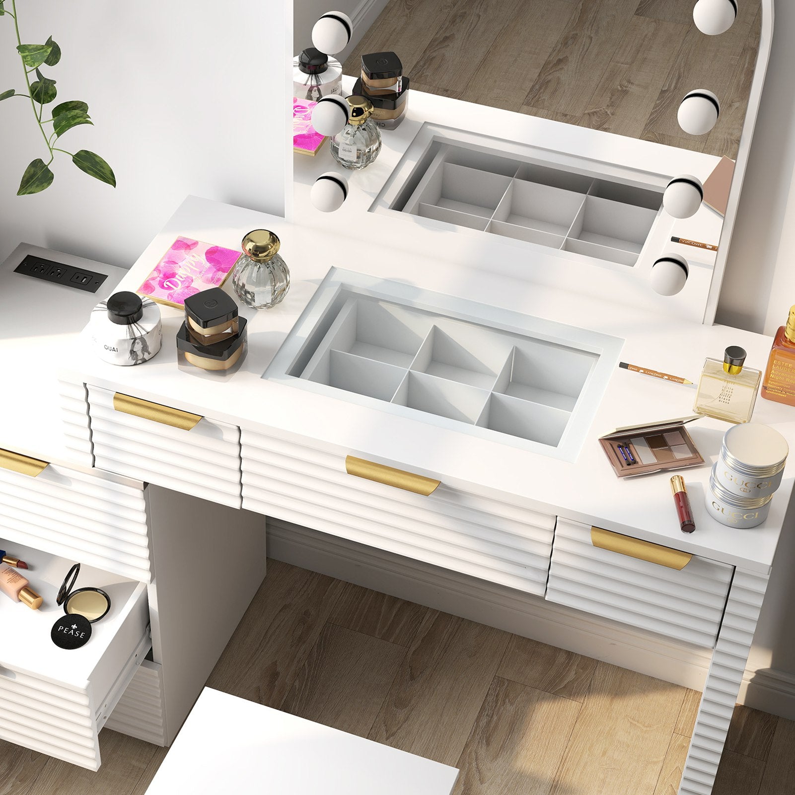 Makeup Vanity Desk with Mirror Lights Glass Tabletop Vanity Table Modern Makeup Desk with Drawers for Bedroom White US Plug