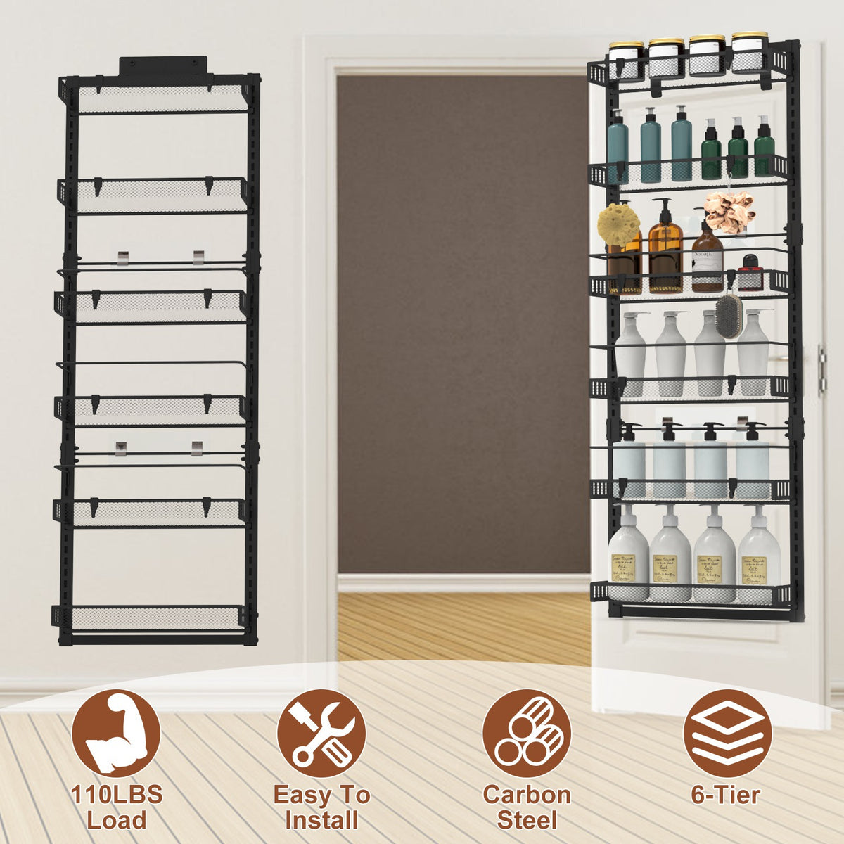 AEELLEEA 6-Tier Over The Door Storage Organizer, 50.19in Carbon Steel Hanging & Wall Mount Pantry Rack for Kitchen Bathroom