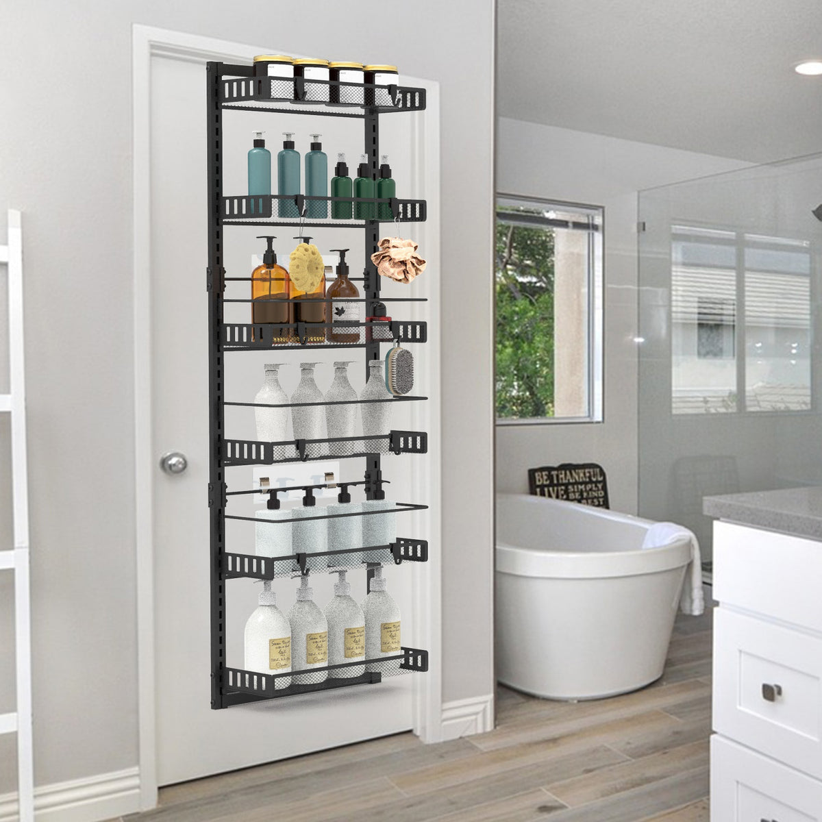 AEELLEEA 6-Tier Over The Door Storage Organizer, 50.19in Carbon Steel Hanging & Wall Mount Pantry Rack for Kitchen Bathroom