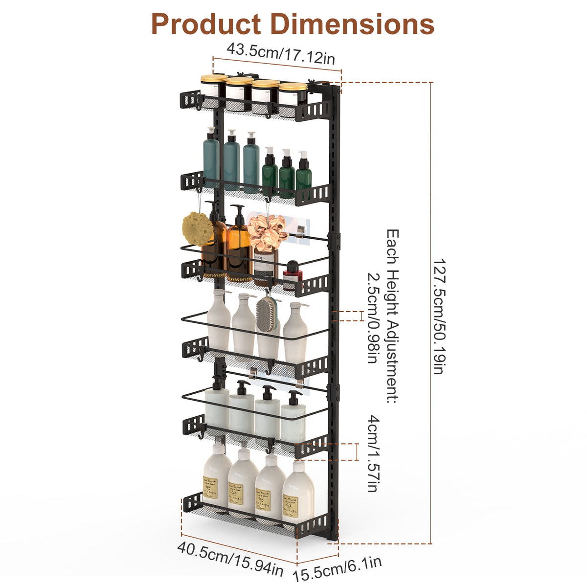 AEELLEEA 6-Tier Over The Door Storage Organizer, 50.19in Carbon Steel Hanging & Wall Mount Pantry Rack for Kitchen Bathroom