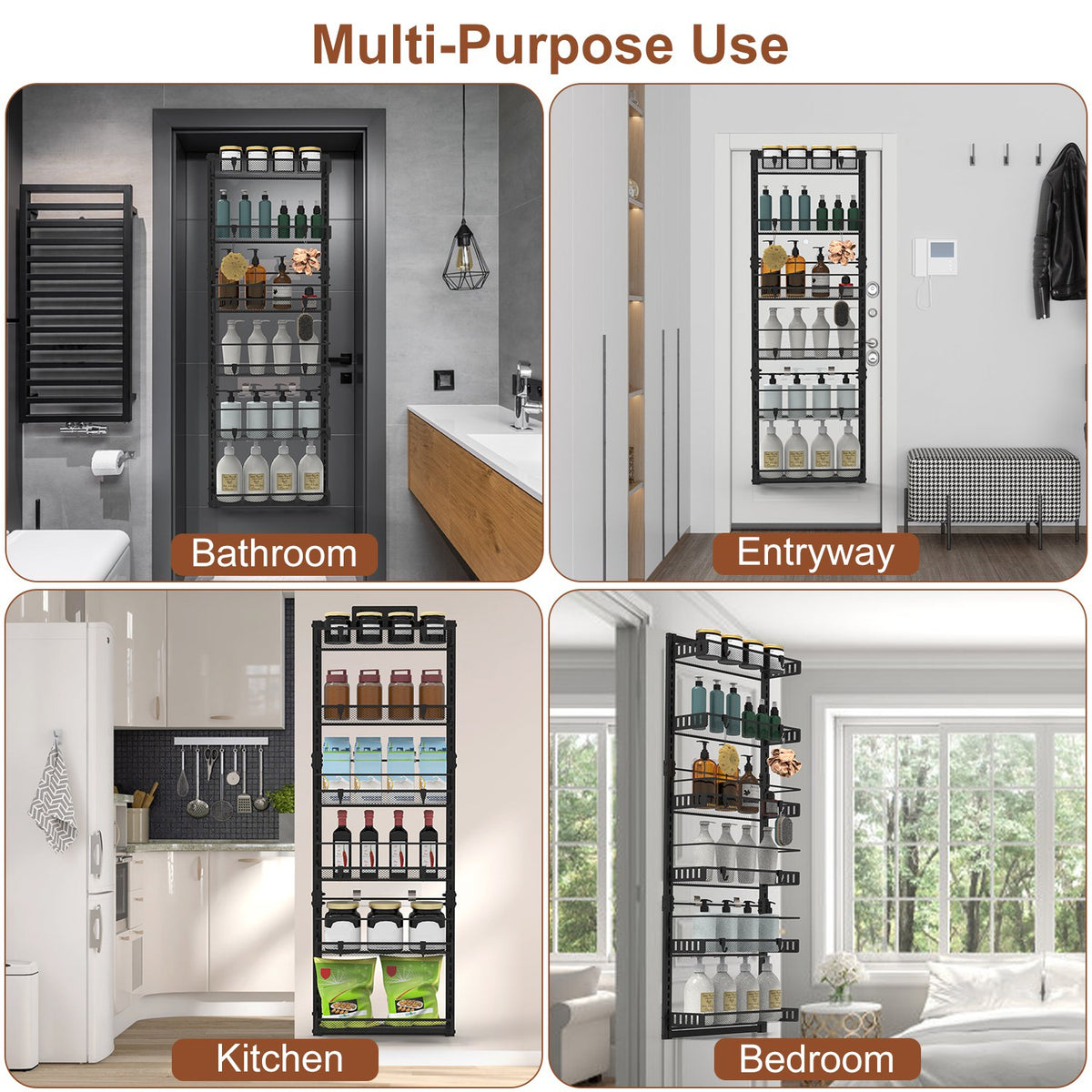 AEELLEEA 6-Tier Over The Door Storage Organizer, 50.19in Carbon Steel Hanging & Wall Mount Pantry Rack for Kitchen Bathroom