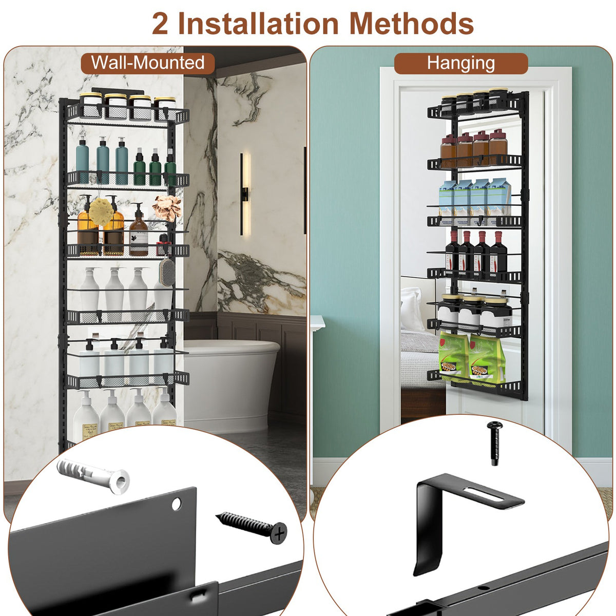 AEELLEEA 6-Tier Over The Door Storage Organizer, 50.19in Carbon Steel Hanging & Wall Mount Pantry Rack for Kitchen Bathroom