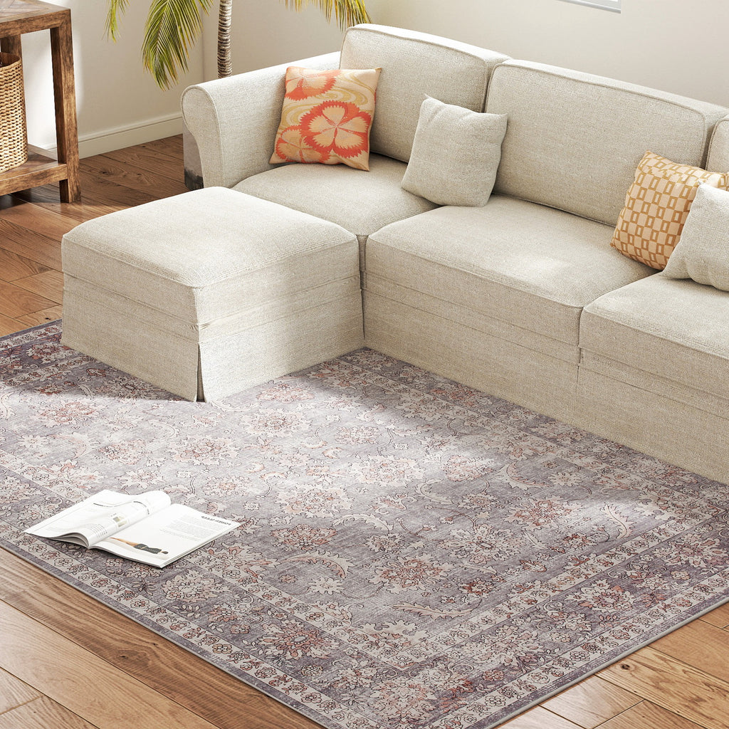 AEELLEEA 5'x7' Vintage Floral Area Rug, Non Slip Thin Washable Rug, Low Pile Distressed Carpet for High Traffic Living Room Bedroom