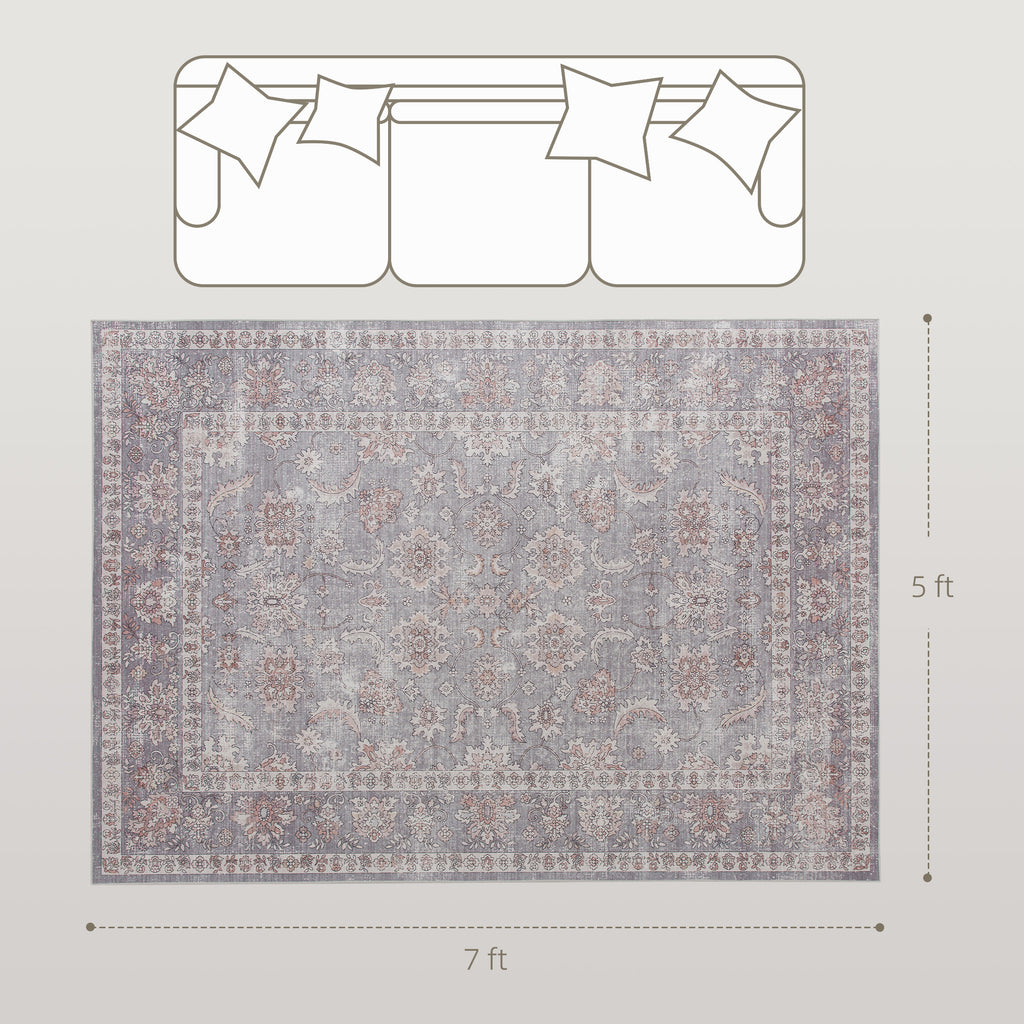 AEELLEEA 5'x7' Vintage Floral Area Rug, Non Slip Thin Washable Rug, Low Pile Distressed Carpet for High Traffic Living Room Bedroom