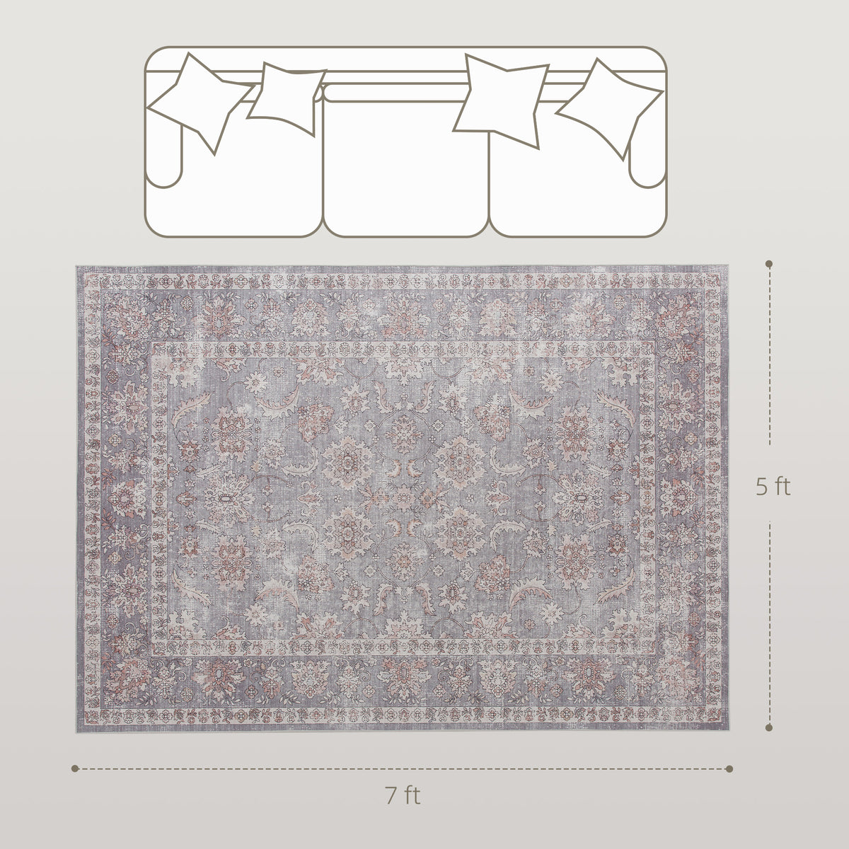 AEELLEEA 5'x7' Vintage Floral Area Rug, Non Slip Thin Washable Rug, Low Pile Distressed Carpet for High Traffic Living Room Bedroom