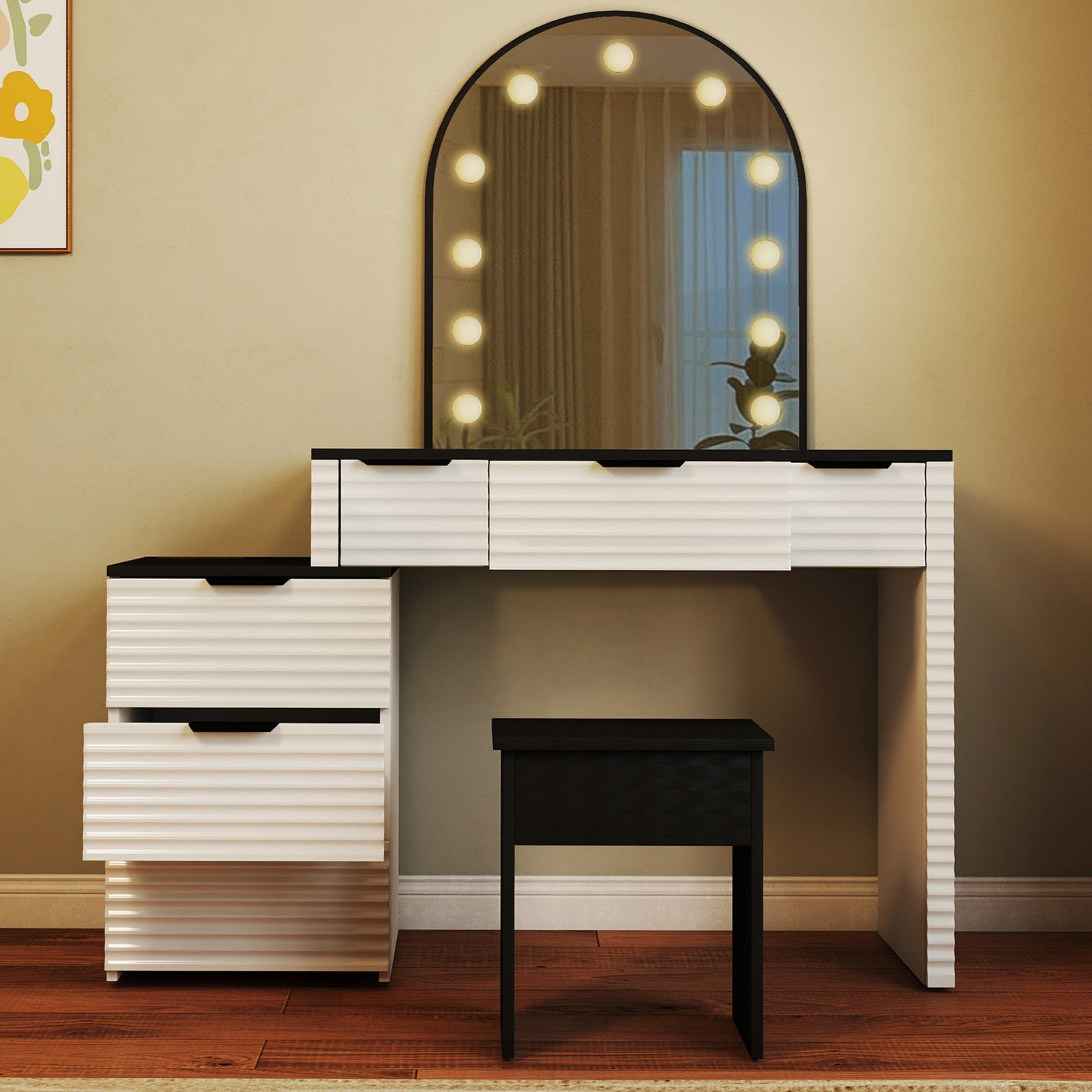 Modern Vanity Desk Chair Set with Mirror Light Fashionable Makeup Table with Glass Top Multi Drawers for Home Bedroom Salon Black White US Plug
