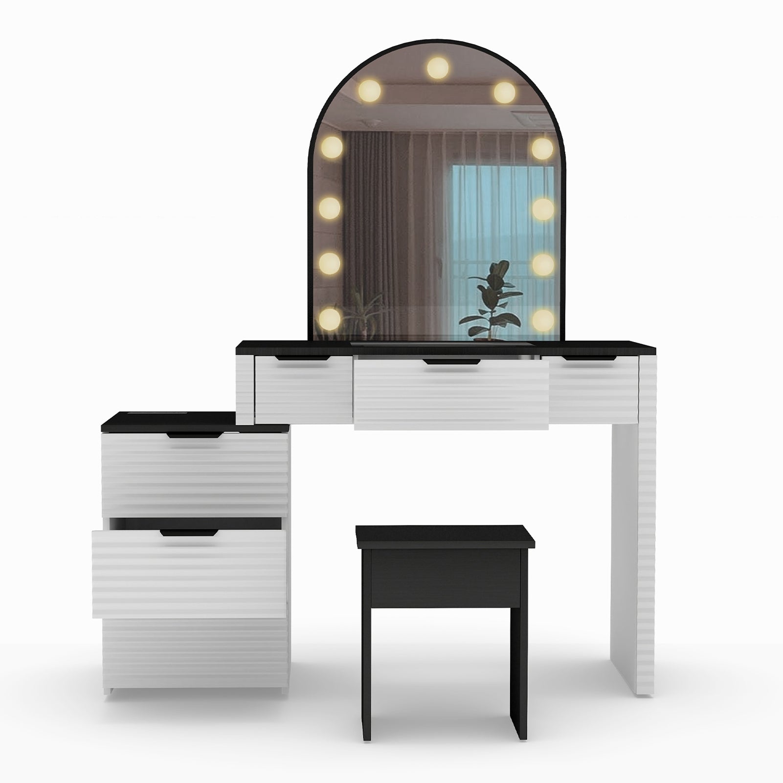 Modern Vanity Desk Chair Set with Mirror Light Fashionable Makeup Table with Glass Top Multi Drawers for Home Bedroom Salon Black White US Plug