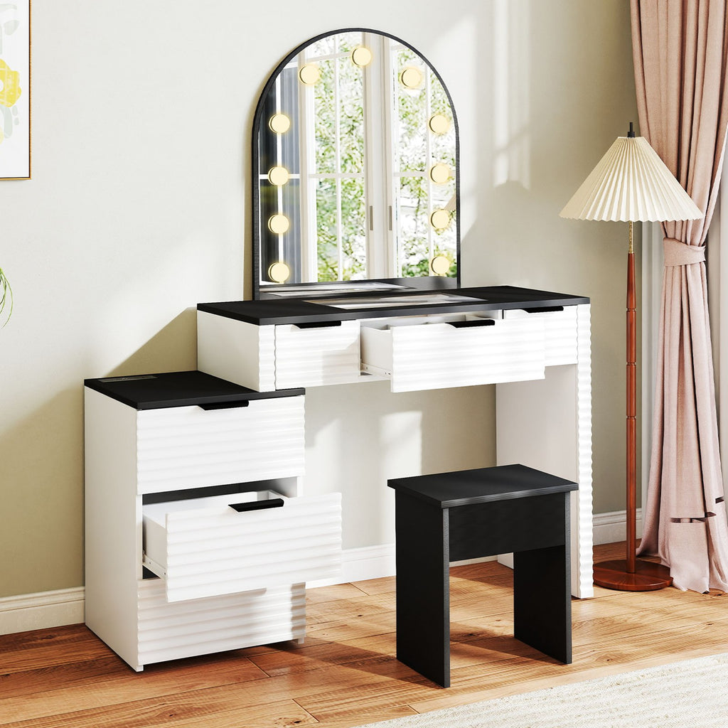 Modern Vanity Desk Chair Set with Mirror Light Fashionable Makeup Table with Glass Top Multi Drawers for Home Bedroom Salon Black White US Plug