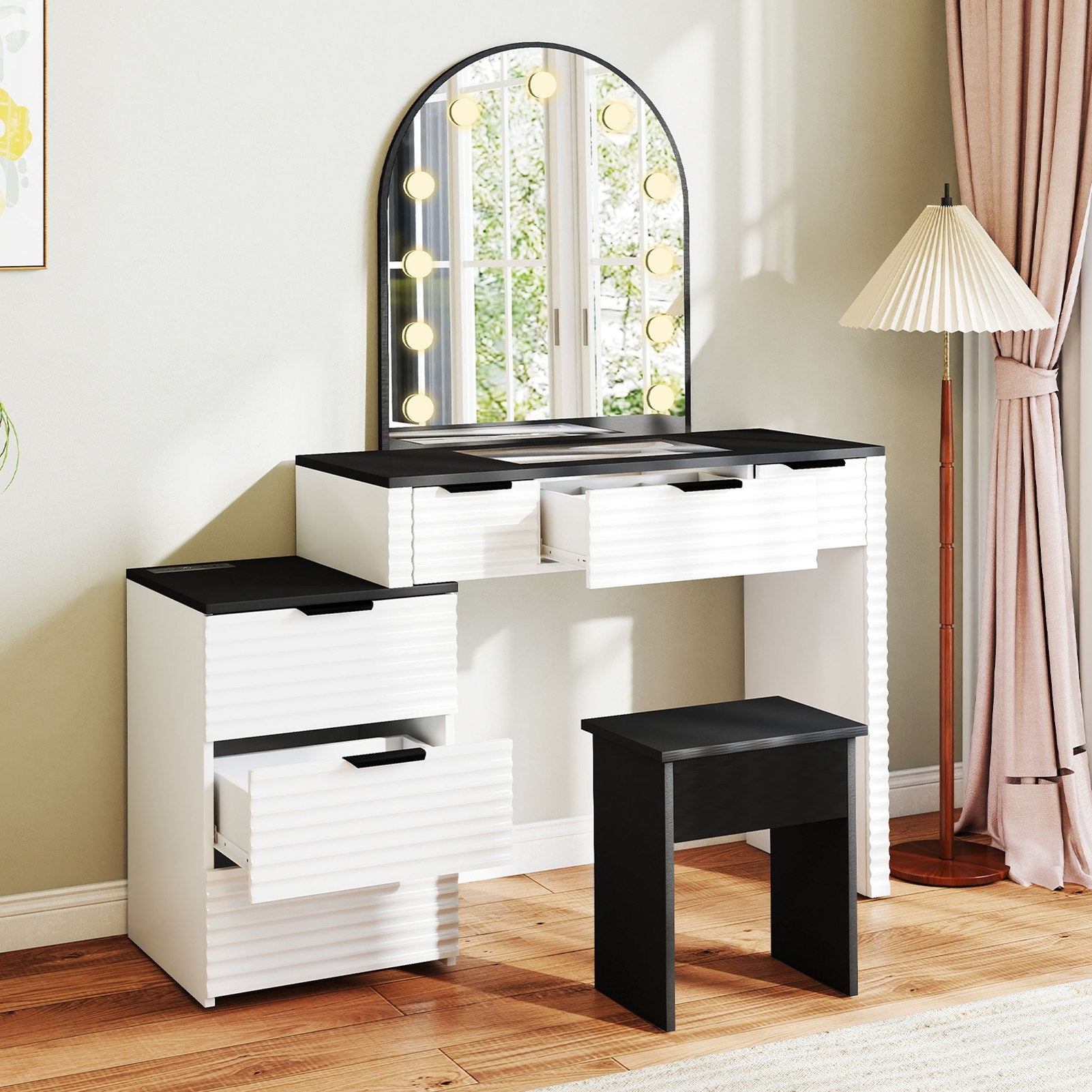 Modern Vanity Desk Chair Set with Mirror Light Fashionable Makeup Table with Glass Top Multi Drawers for Home Bedroom Salon Black White US Plug