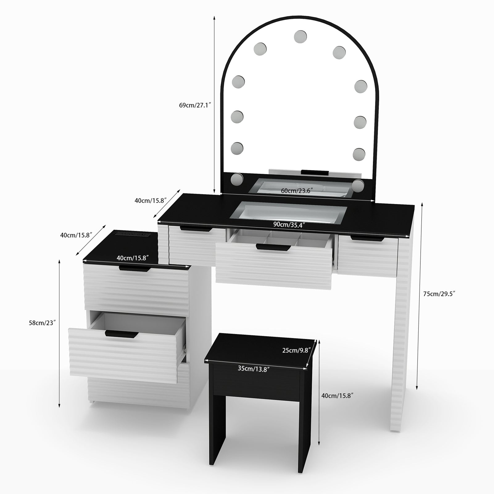 Modern Vanity Desk Chair Set with Mirror Light Fashionable Makeup Table with Glass Top Multi Drawers for Home Bedroom Salon Black White US Plug