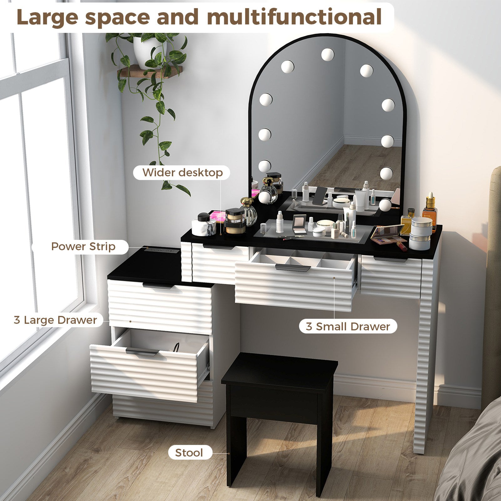 Modern Vanity Desk Chair Set with Mirror Light Fashionable Makeup Table with Glass Top Multi Drawers for Home Bedroom Salon Black White US Plug