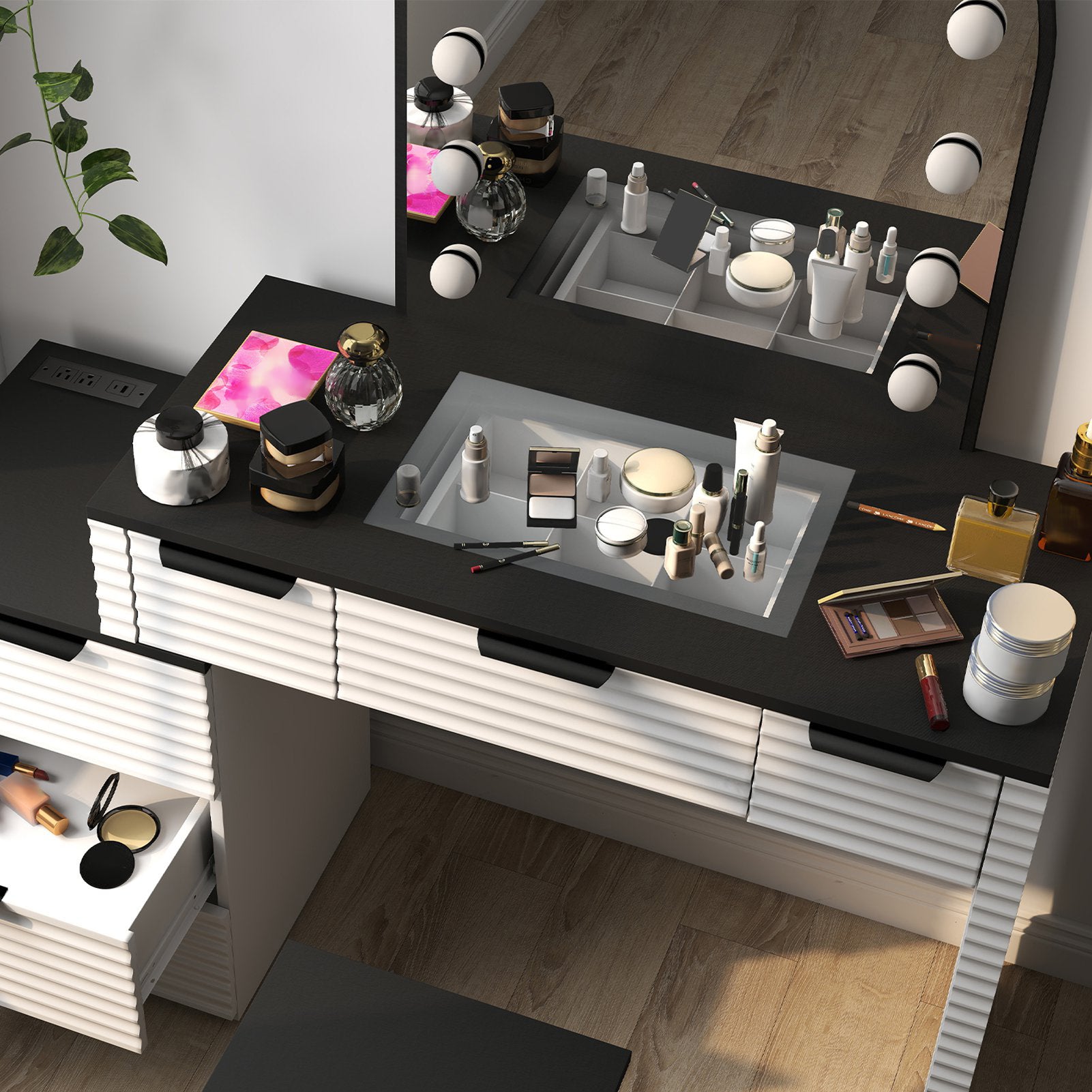 Modern Vanity Desk Chair Set with Mirror Light Fashionable Makeup Table with Glass Top Multi Drawers for Home Bedroom Salon Black White US Plug
