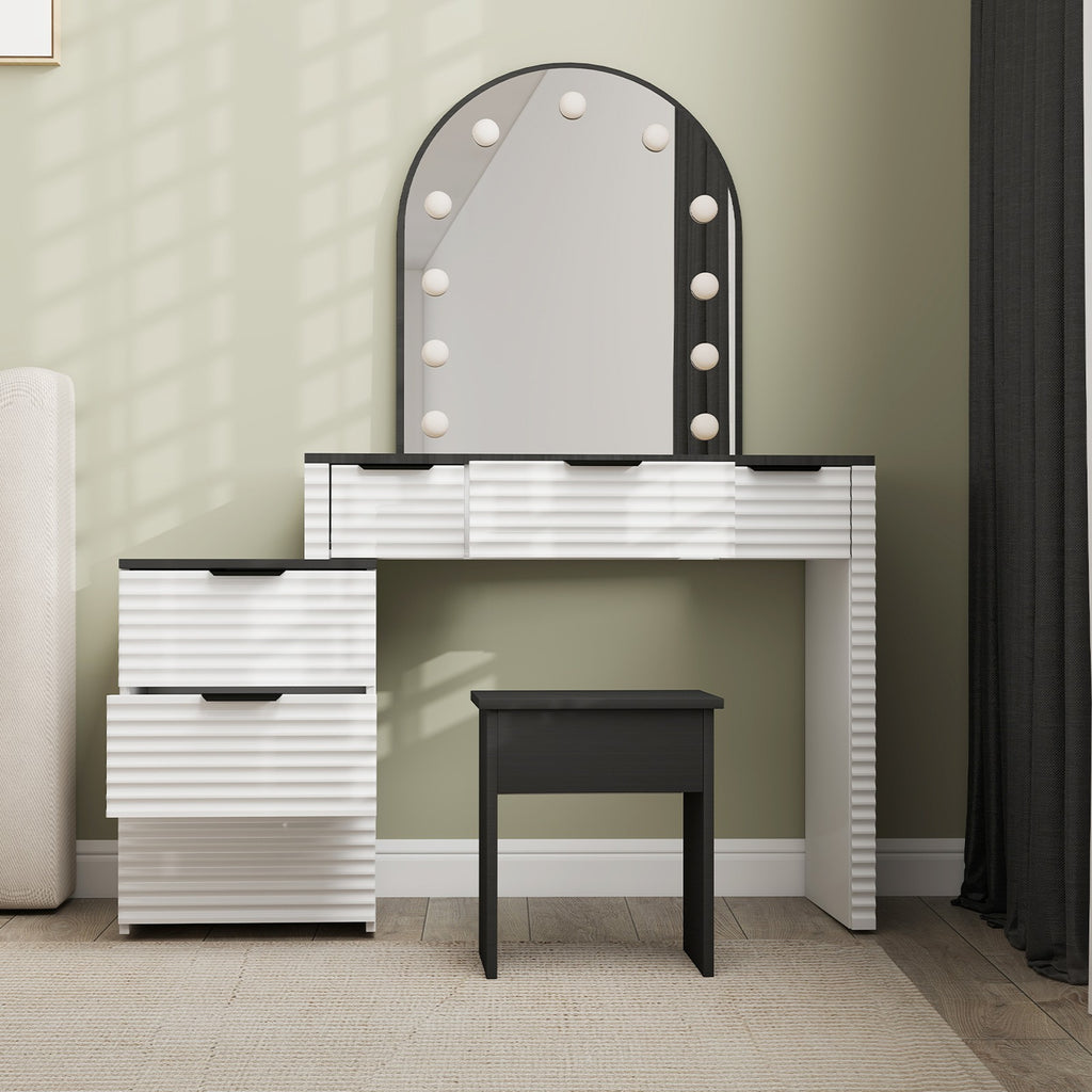 Modern Vanity Desk Chair Set with Mirror Light Fashionable Makeup Table with Glass Top Multi Drawers for Home Bedroom Salon Black White US Plug