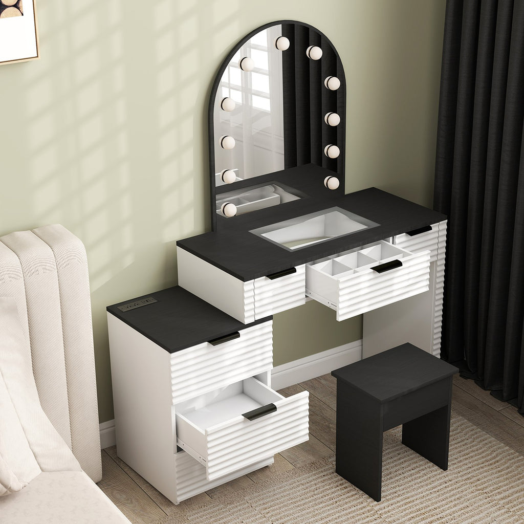 Modern Vanity Desk Chair Set with Mirror Light Fashionable Makeup Table with Glass Top Multi Drawers for Home Bedroom Salon Black White US Plug