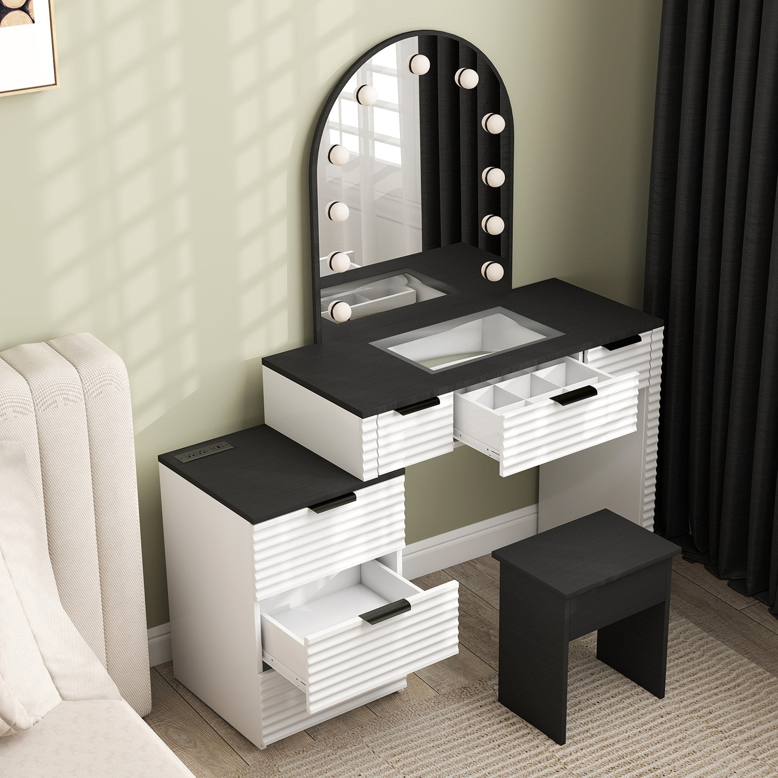 Modern Vanity Desk Chair Set with Mirror Light Fashionable Makeup Table with Glass Top Multi Drawers for Home Bedroom Salon Black White US Plug
