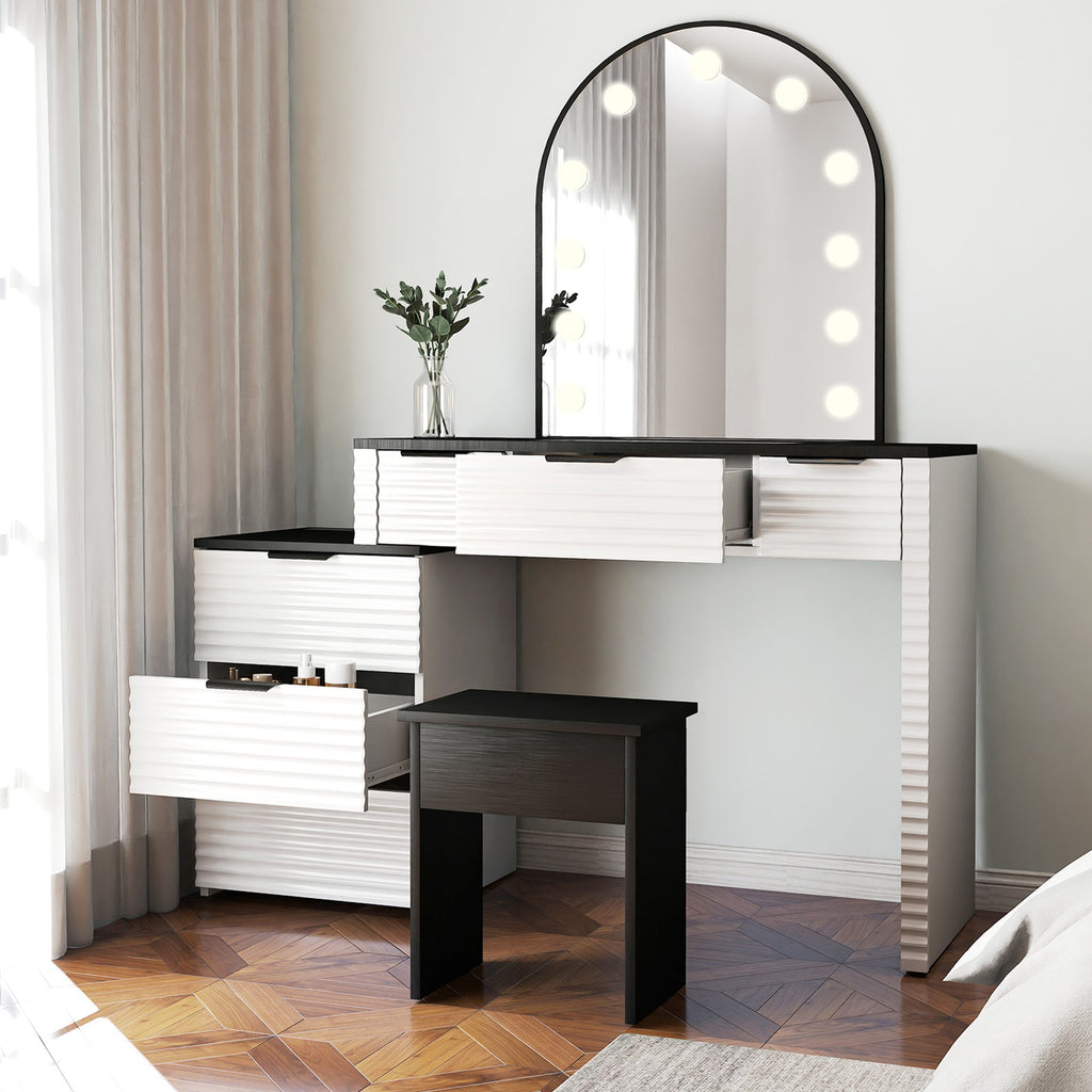Modern Vanity Desk Chair Set with Mirror Light Fashionable Makeup Table with Glass Top Multi Drawers for Home Bedroom Salon Black White US Plug