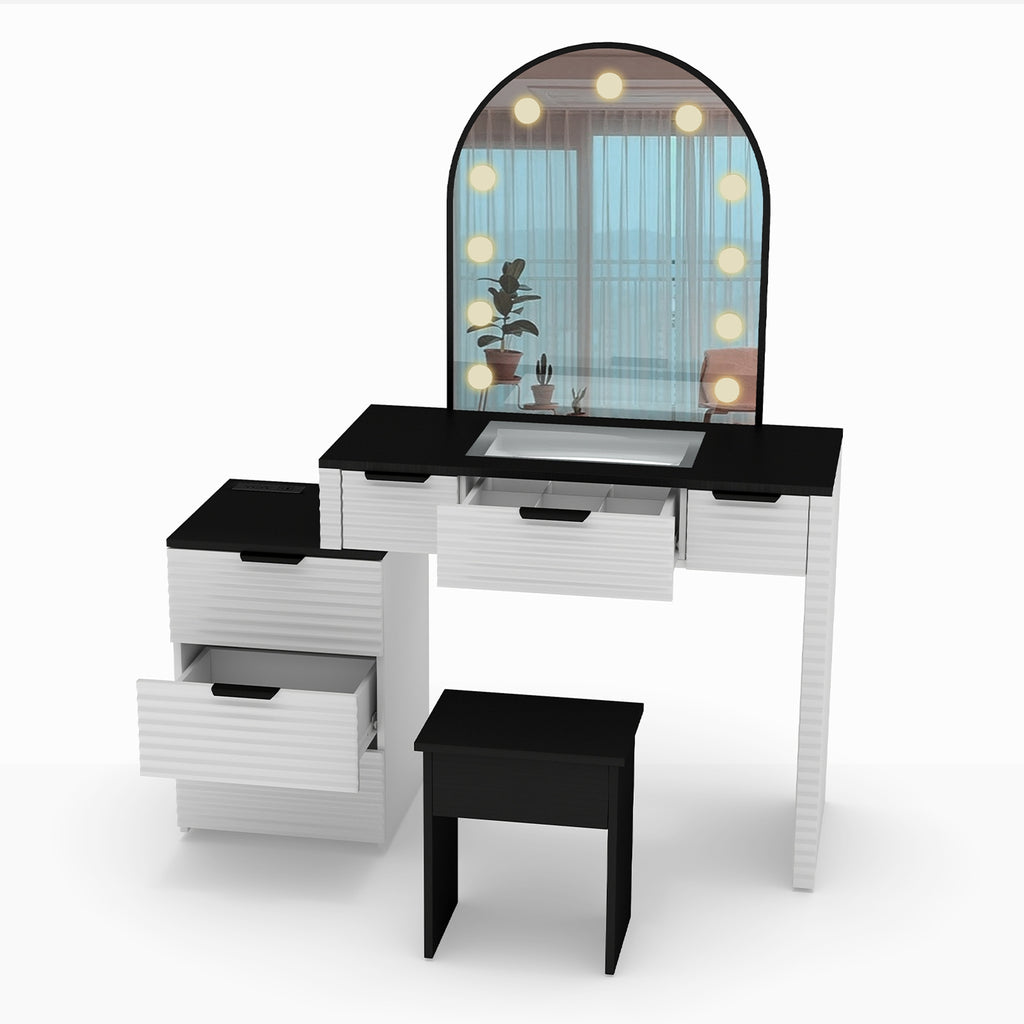 Modern Vanity Desk Chair Set with Mirror Light Fashionable Makeup Table with Glass Top Multi Drawers for Home Bedroom Salon Black White US Plug