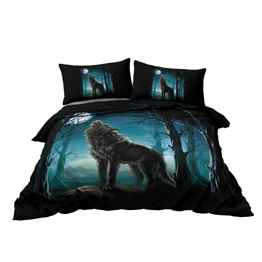 AEELLEEA Forest Wolf Print Duvet Cover Set 3 Piece, Microfiber Bedding with Zipper & Corner Ties, 1 Duvet Cover + 2 Pillow Shams