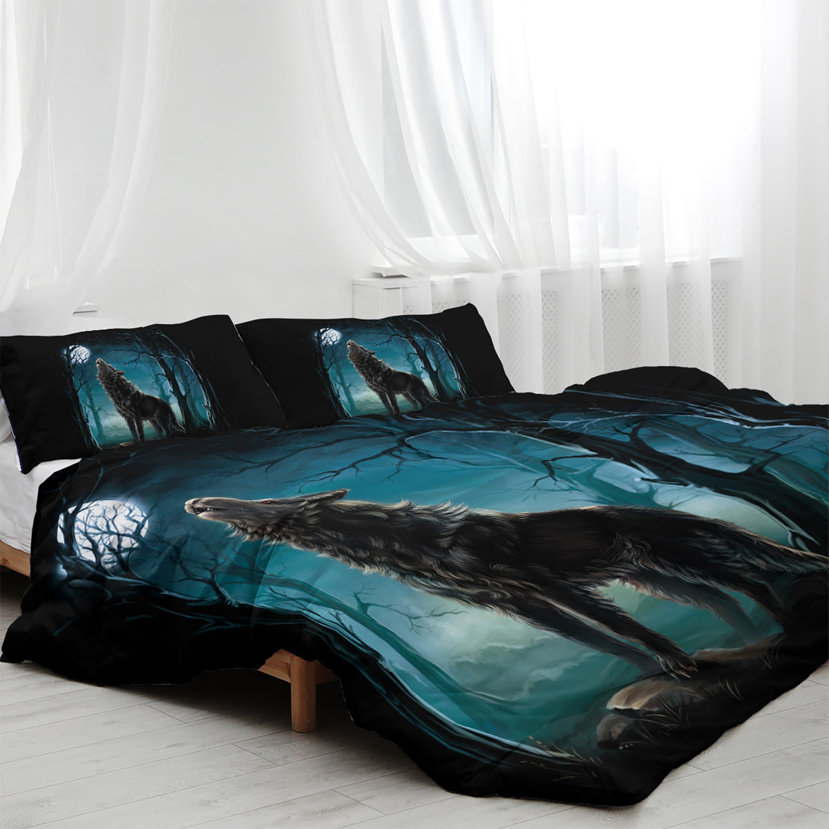 AEELLEEA Forest Wolf Print Duvet Cover Set 3 Piece, Microfiber Bedding with Zipper & Corner Ties, 1 Duvet Cover + 2 Pillow Shams