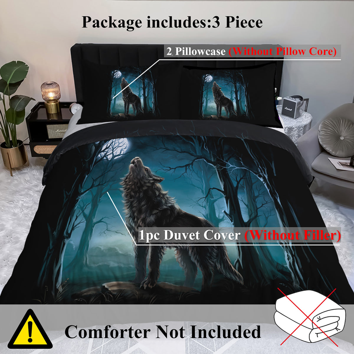 AEELLEEA Forest Wolf Print Duvet Cover Set 3 Piece, Microfiber Bedding with Zipper & Corner Ties, 1 Duvet Cover + 2 Pillow Shams