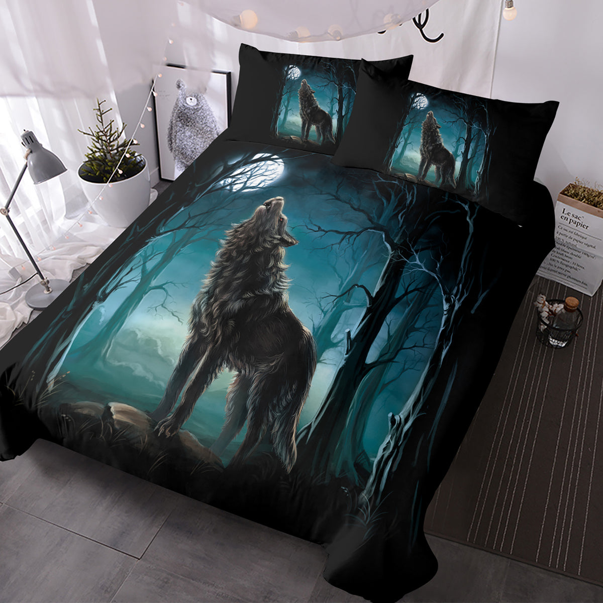 AEELLEEA Forest Wolf Print Duvet Cover Set 3 Piece, Microfiber Bedding with Zipper & Corner Ties, 1 Duvet Cover + 2 Pillow Shams