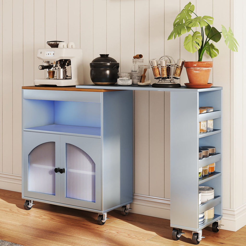 Kitchen Island On Wheels with Extended Table MDF Rolling Kitchen Storage Cart with LED Light Power Outlets 2 Fluted Glass Doors Side 3 Open Shelves Blue US Plug