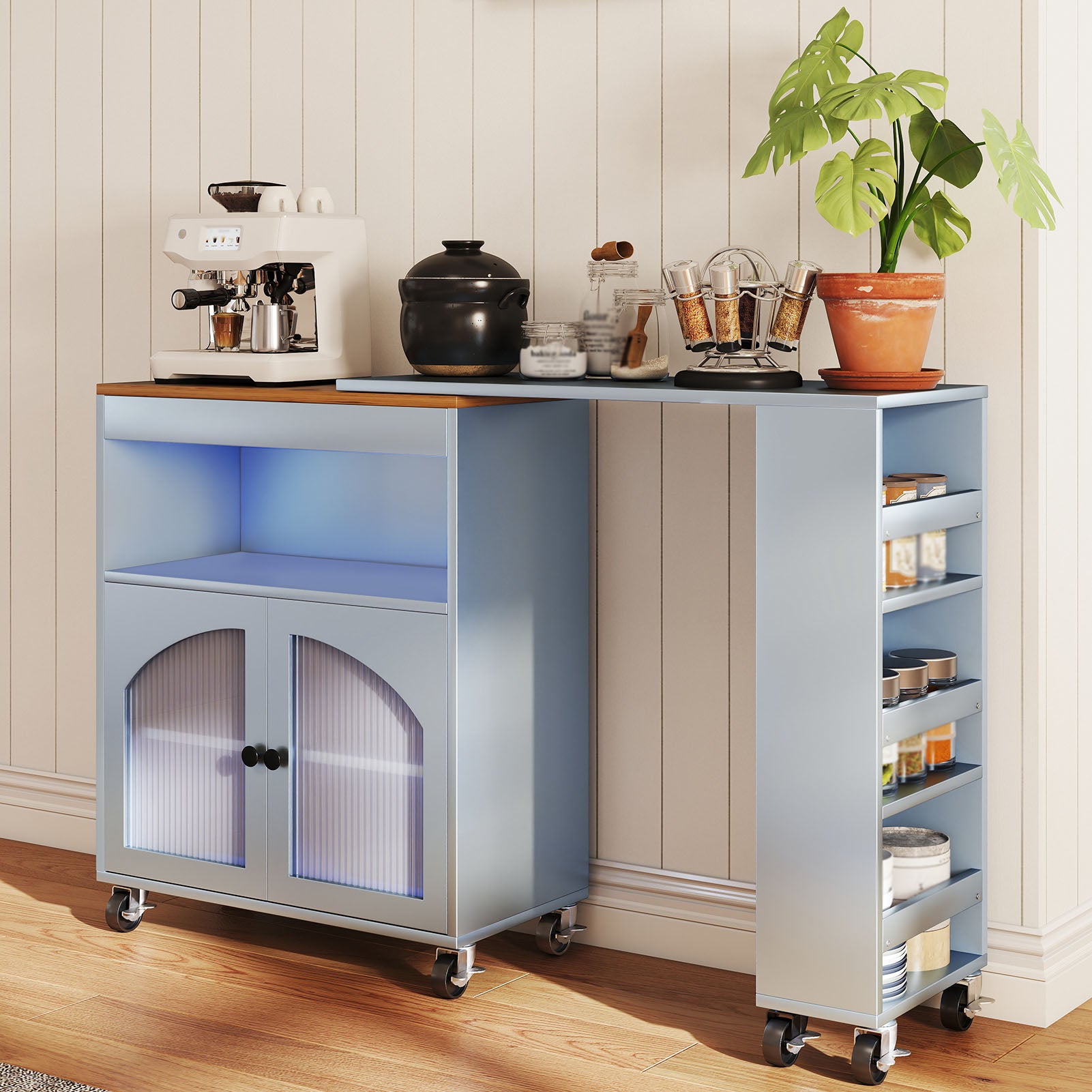 Kitchen Island On Wheels with Extended Table MDF Rolling Kitchen Storage Cart with LED Light Power Outlets 2 Fluted Glass Doors Side 3 Open Shelves Blue US Plug
