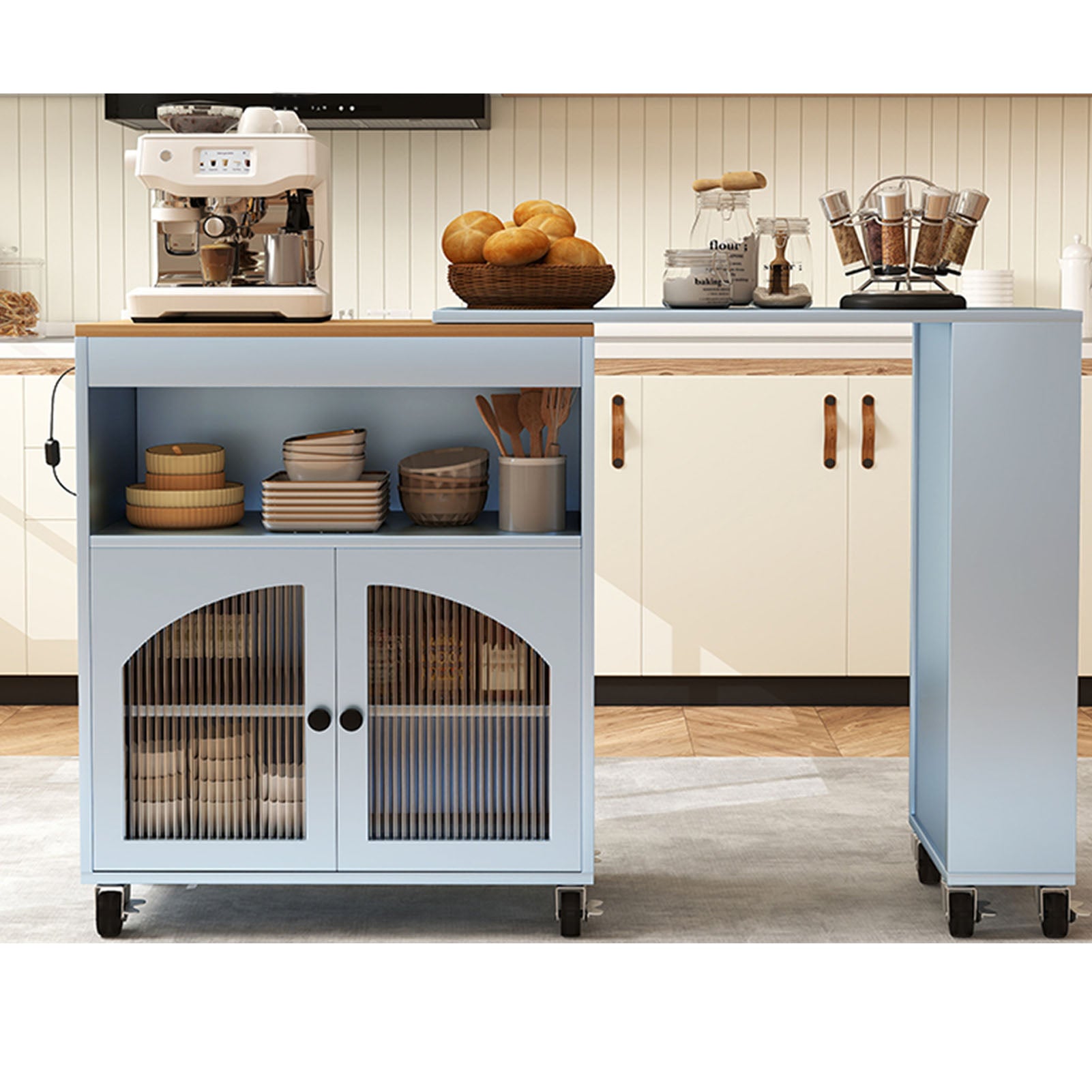 Kitchen Island On Wheels with Extended Table MDF Rolling Kitchen Storage Cart with LED Light Power Outlets 2 Fluted Glass Doors Side 3 Open Shelves Blue US Plug