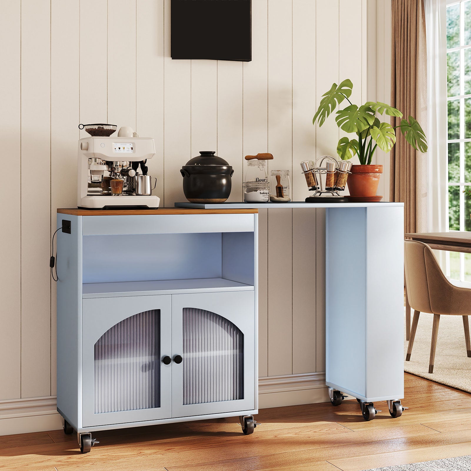 Kitchen Island On Wheels with Extended Table MDF Rolling Kitchen Storage Cart with LED Light Power Outlets 2 Fluted Glass Doors Side 3 Open Shelves Blue US Plug