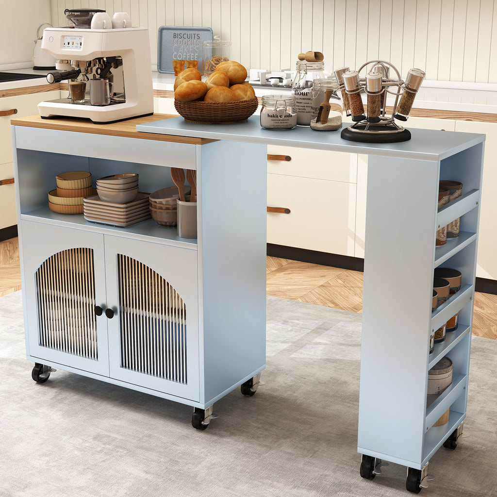 Kitchen Island On Wheels with Extended Table MDF Rolling Kitchen Storage Cart with LED Light Power Outlets 2 Fluted Glass Doors Side 3 Open Shelves Blue US Plug