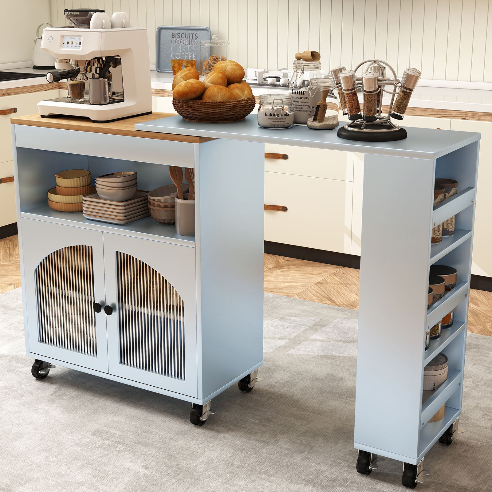 Kitchen Island On Wheels with Extended Table MDF Rolling Kitchen Storage Cart with LED Light Power Outlets 2 Fluted Glass Doors Side 3 Open Shelves Blue US Plug