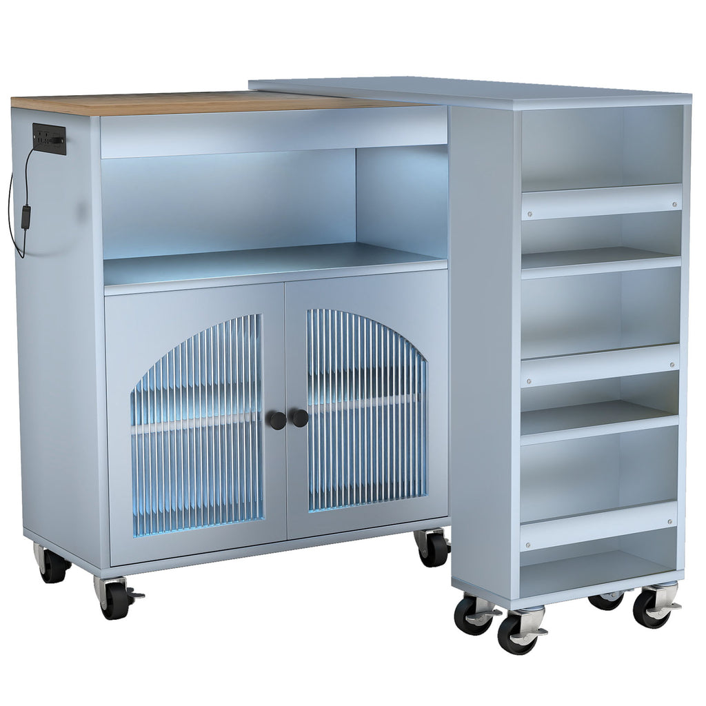 Kitchen Island On Wheels with Extended Table MDF Rolling Kitchen Storage Cart with LED Light Power Outlets 2 Fluted Glass Doors Side 3 Open Shelves Blue US Plug
