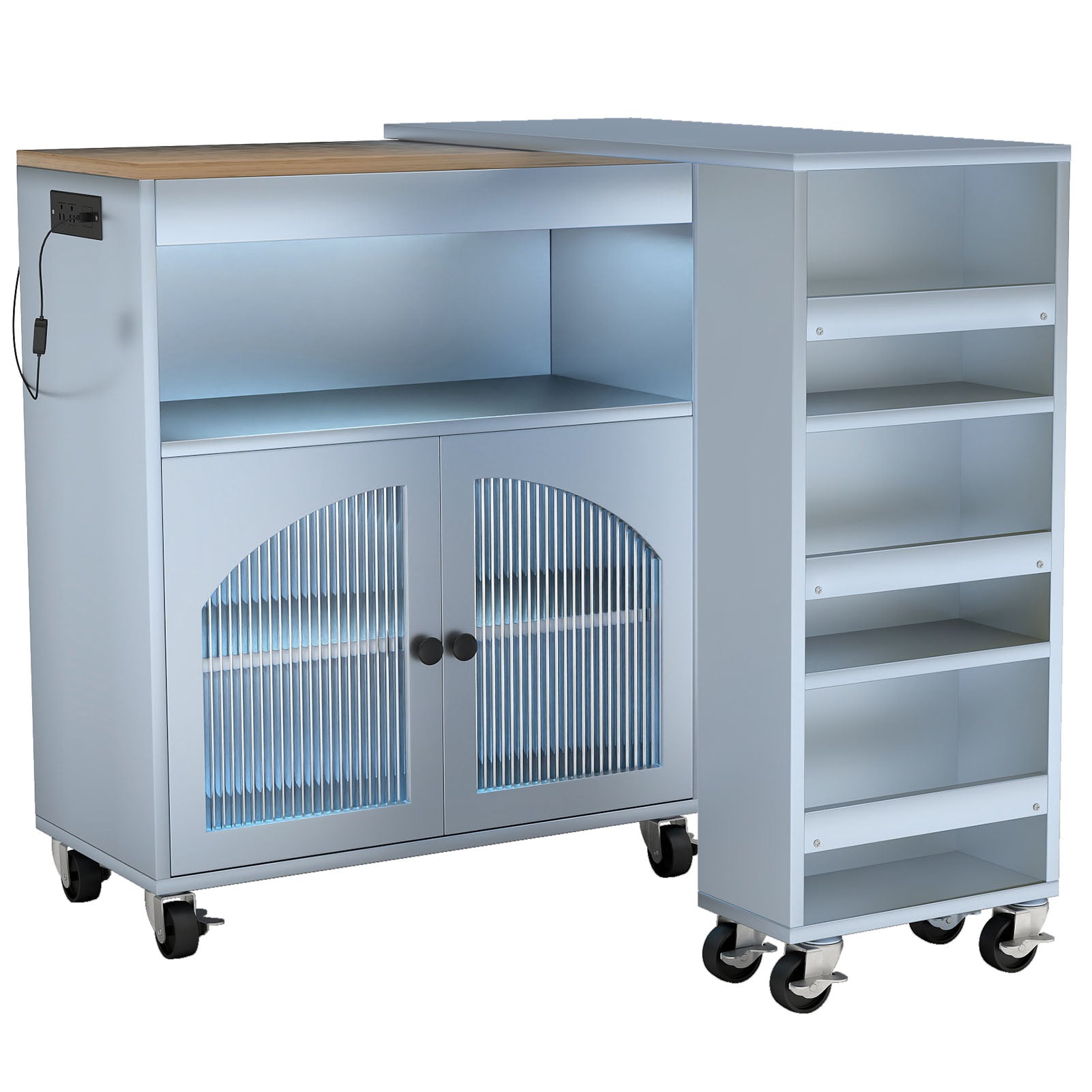 Kitchen Island On Wheels with Extended Table MDF Rolling Kitchen Storage Cart with LED Light Power Outlets 2 Fluted Glass Doors Side 3 Open Shelves Blue US Plug