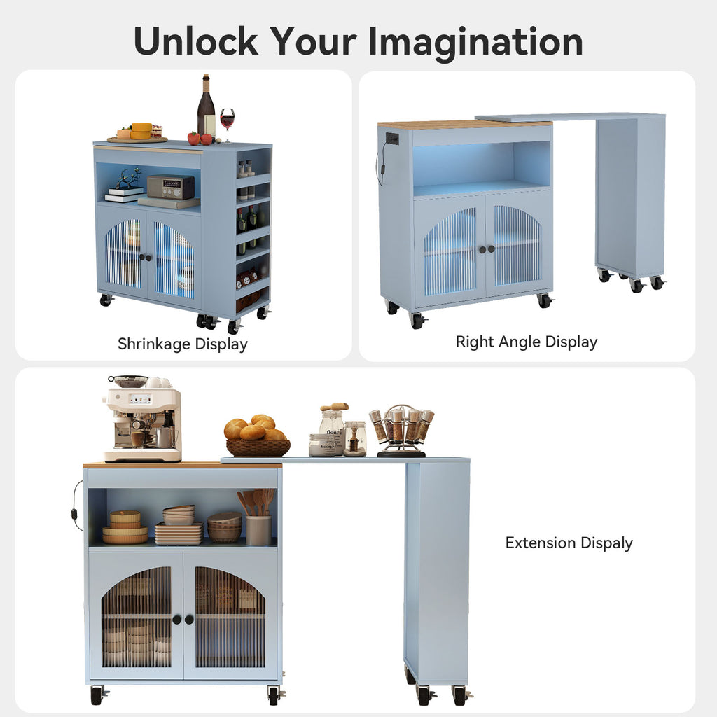 Kitchen Island On Wheels with Extended Table MDF Rolling Kitchen Storage Cart with LED Light Power Outlets 2 Fluted Glass Doors Side 3 Open Shelves Blue US Plug