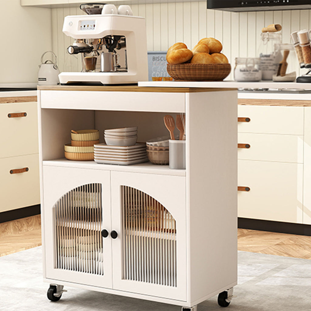 Kitchen Island On Wheels with Extended Table MDF Rolling Kitchen Storage Cart with LED Light Power Outlets 2 Fluted Glass Doors Side 3 Open Shelves White US Plug