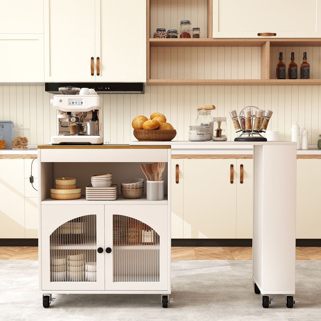 Kitchen Island On Wheels with Extended Table MDF Rolling Kitchen Storage Cart with LED Light Power Outlets 2 Fluted Glass Doors Side 3 Open Shelves White US Plug