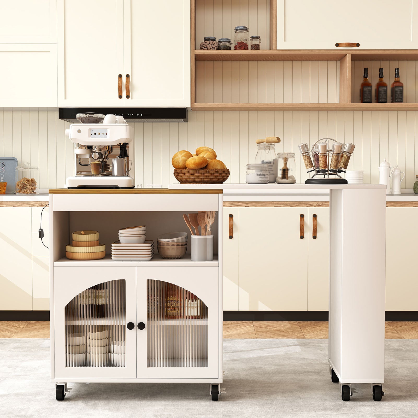 Kitchen Island On Wheels with Extended Table MDF Rolling Kitchen Storage Cart with LED Light Power Outlets 2 Fluted Glass Doors Side 3 Open Shelves White US Plug