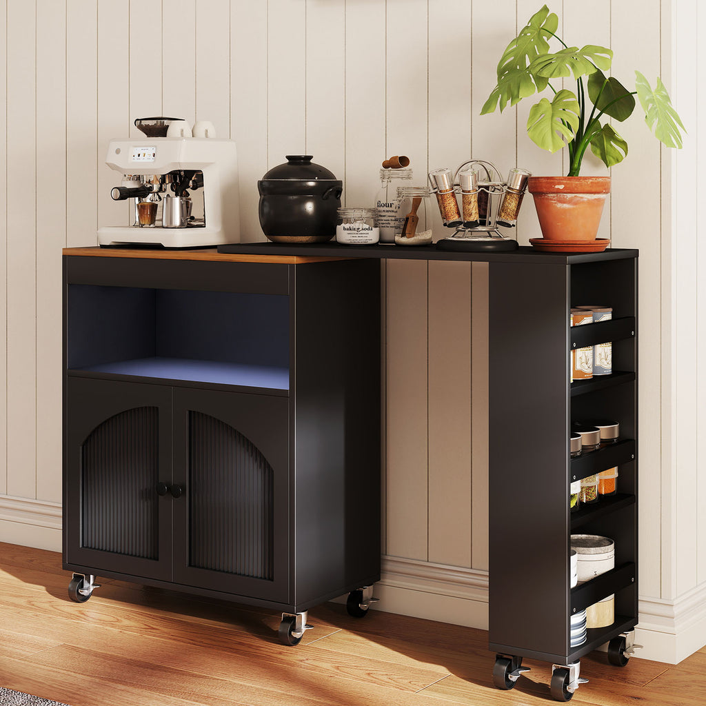 Kitchen Island On Wheels with Extended Table MDF Rolling Kitchen Storage Cart with LED Light Power Outlets 2 Fluted Glass Doors Side 3 Open Shelves Black US Plug