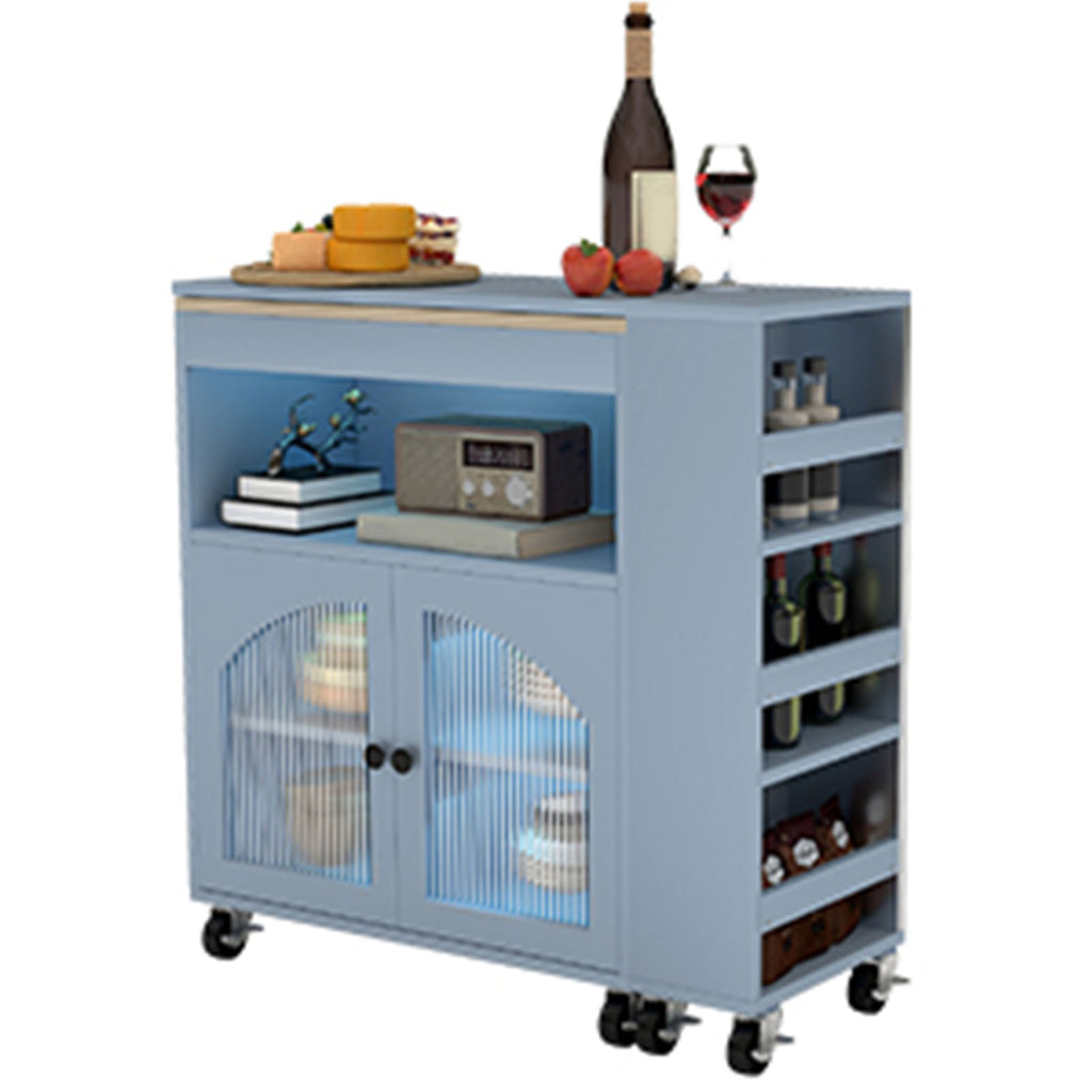 Kitchen Island On Wheels with Extended Table MDF Rolling Kitchen Storage Cart with LED Light Power Outlets 2 Fluted Glass Doors Side 3 Open Shelves Blue US Plug