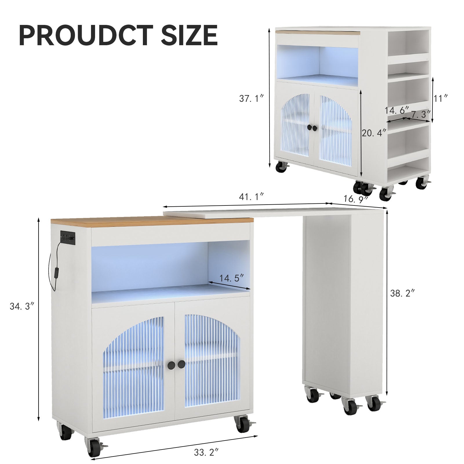 Kitchen Island On Wheels with Extended Table MDF Rolling Kitchen Storage Cart with LED Light Power Outlets 2 Fluted Glass Doors Side 3 Open Shelves White US Plug