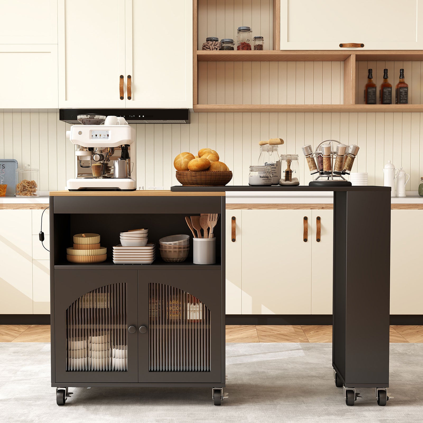 Kitchen Island On Wheels with Extended Table MDF Rolling Kitchen Storage Cart with LED Light Power Outlets 2 Fluted Glass Doors Side 3 Open Shelves Black US Plug