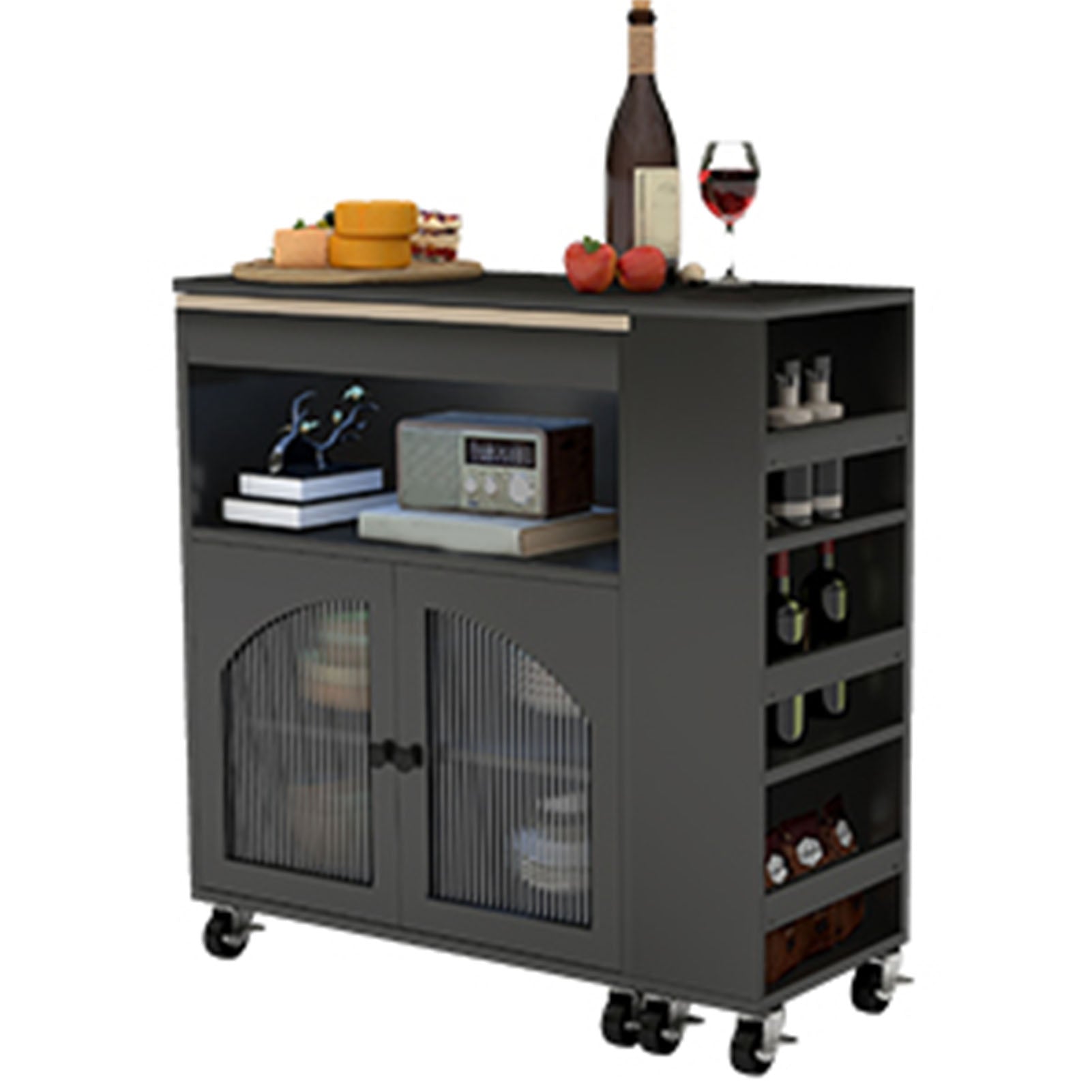 Kitchen Island On Wheels with Extended Table MDF Rolling Kitchen Storage Cart with LED Light Power Outlets 2 Fluted Glass Doors Side 3 Open Shelves Black US Plug