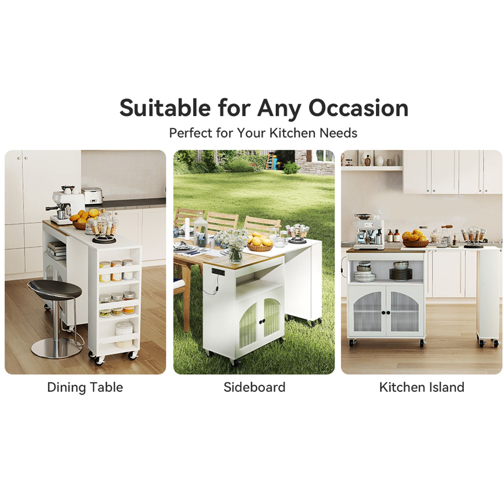 Kitchen Island On Wheels with Extended Table MDF Rolling Kitchen Storage Cart with LED Light Power Outlets 2 Fluted Glass Doors Side 3 Open Shelves White US Plug